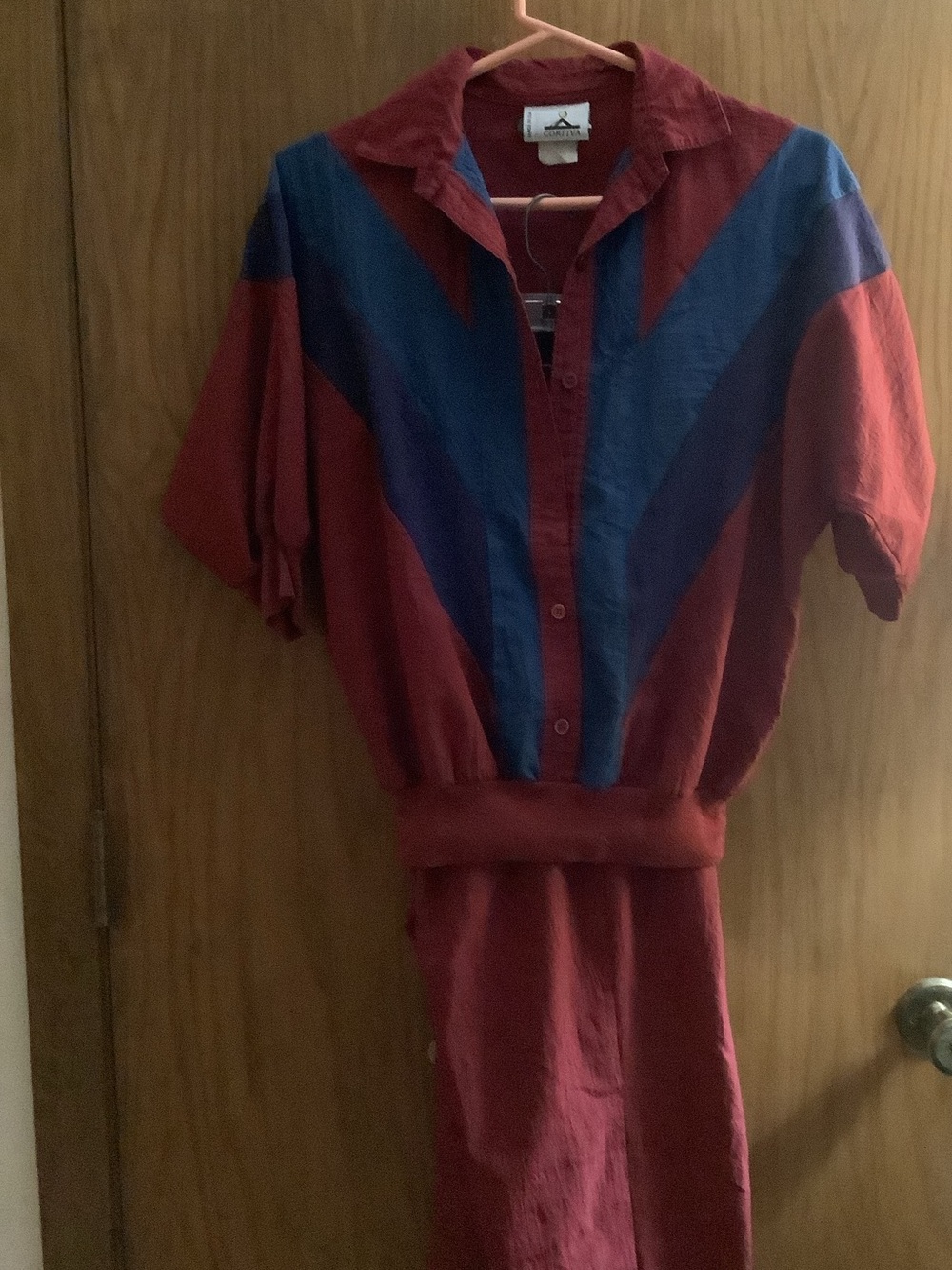 Maroon and Blue Short or white long Sleeve top with matching pants.